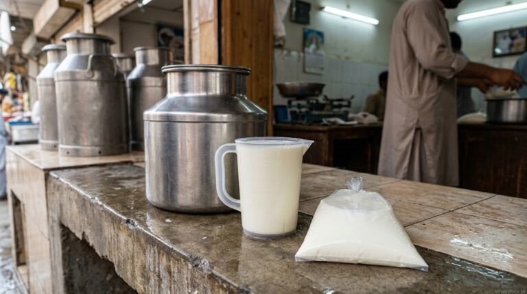 Sealed milk container beside dairy measuring jug