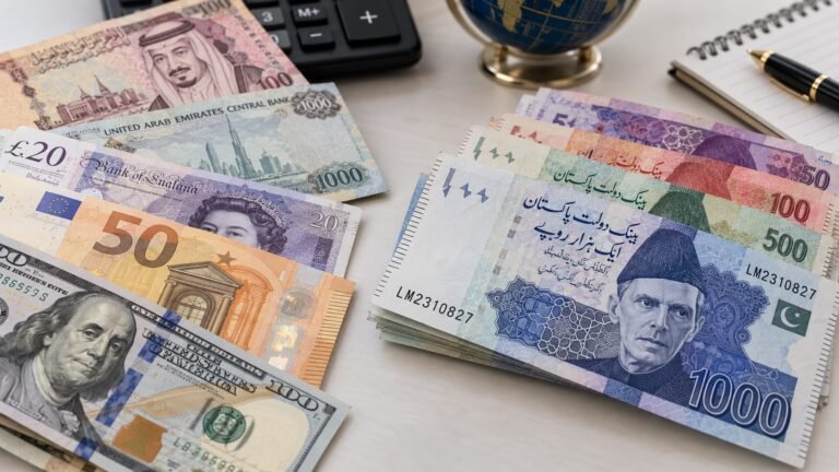 Foreign currency notes beside Pakistani rupee notes